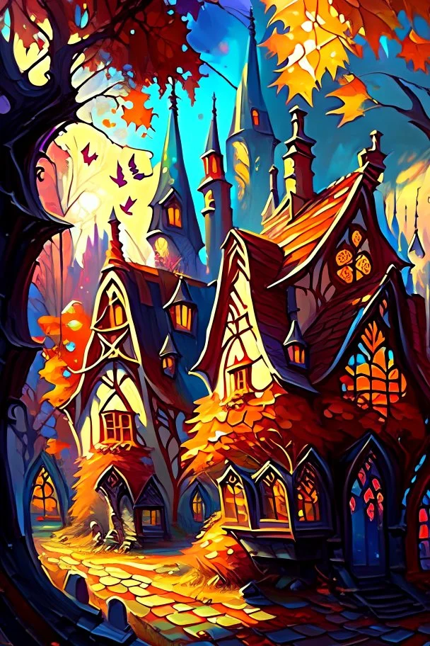 Fantasy village with stained glass window houses in autumn fantasy rpg art painterly