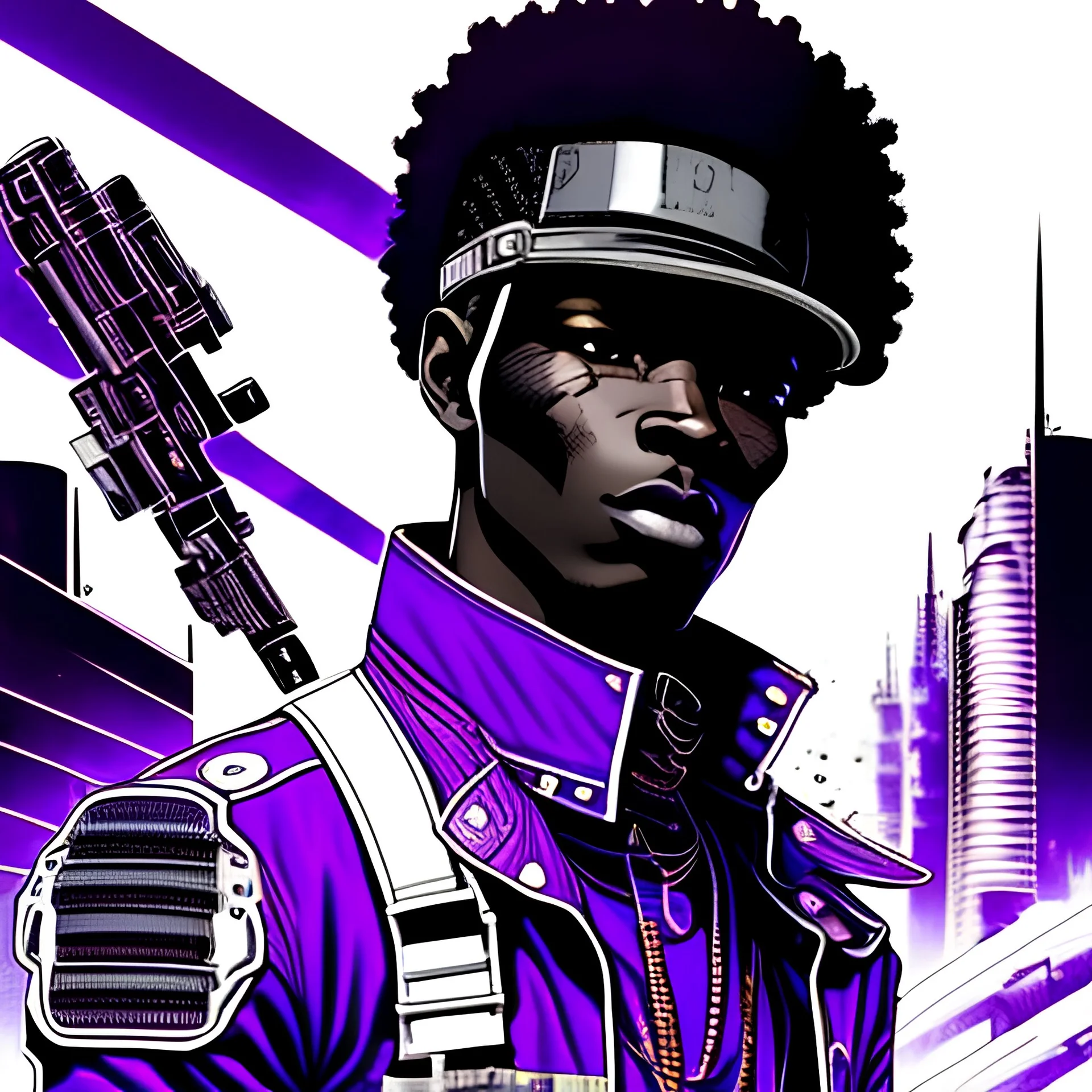 masterpiece, best quality, A black man with a steampunk-inspired cybernetic enhancement, leading a rebellion against the Comstock government, in a duotone purple and grey manga style, with ultra detailed clothing and gun