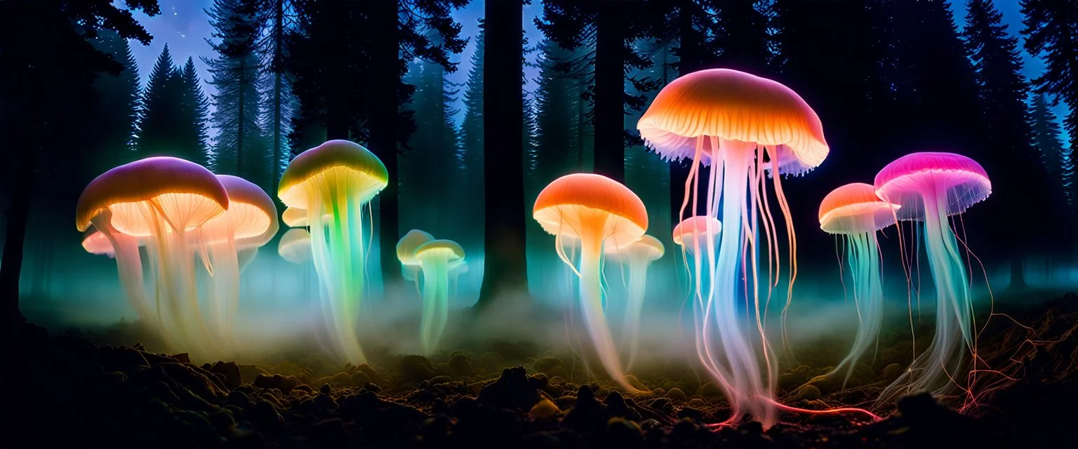 Adolescent bio luminous Rainbow floating JellyFish Fungus, fungal, light floating in a forest, mist, light trails, nighttime,long exposure, Treeline, Alberta, scientist, Dystopian, Hyper detailed, Realistic, Extreme depth of field, bokeh blur, Alberta all-natural, National Geographic, in the style of candid, imperfection, natural lighting, cinematic, Fuji Film, Anamorphic lens, 2040s, --ar 4:5 --w 150 --style raw