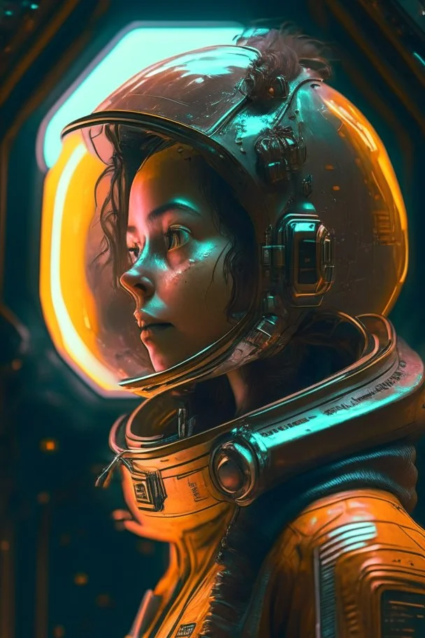 0The player is wearing an astronaut helmet, in the style of cyberpunk dystopia, 32k uhd, womancore, bronze and amber, dreamlike settings, gorecore, ivan albright –ar 107:53 –