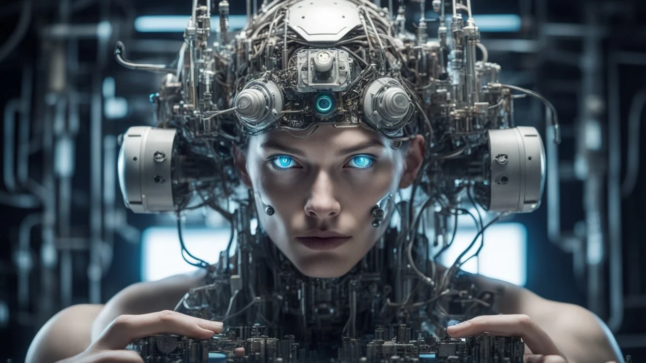 Cybernetic engineer conceiving and constructing fantastical cybernetic creations that redefine the laws of nature, portrait shot