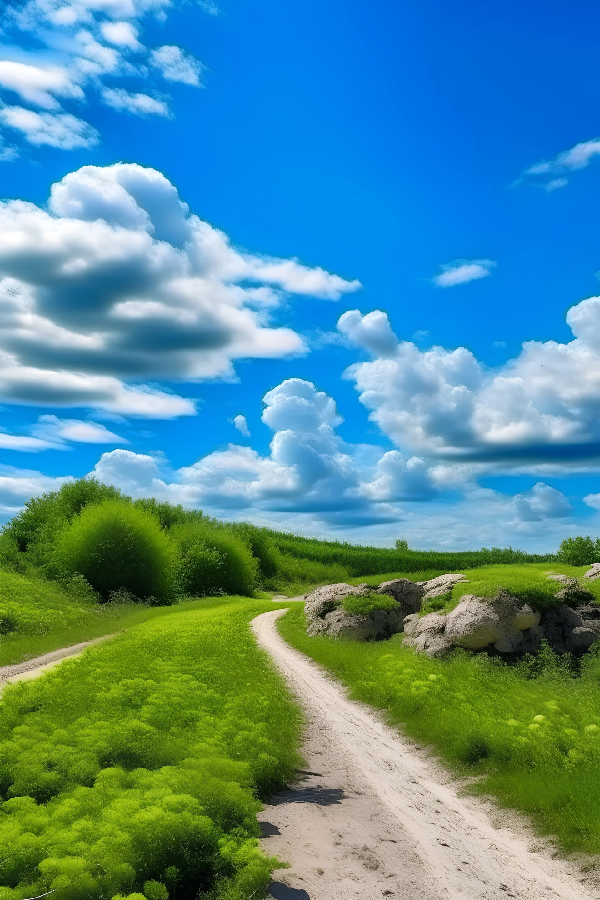 Op de voorgrond een weg met keien en een haag met groene struiken en een blauwe lucht met witte wolken