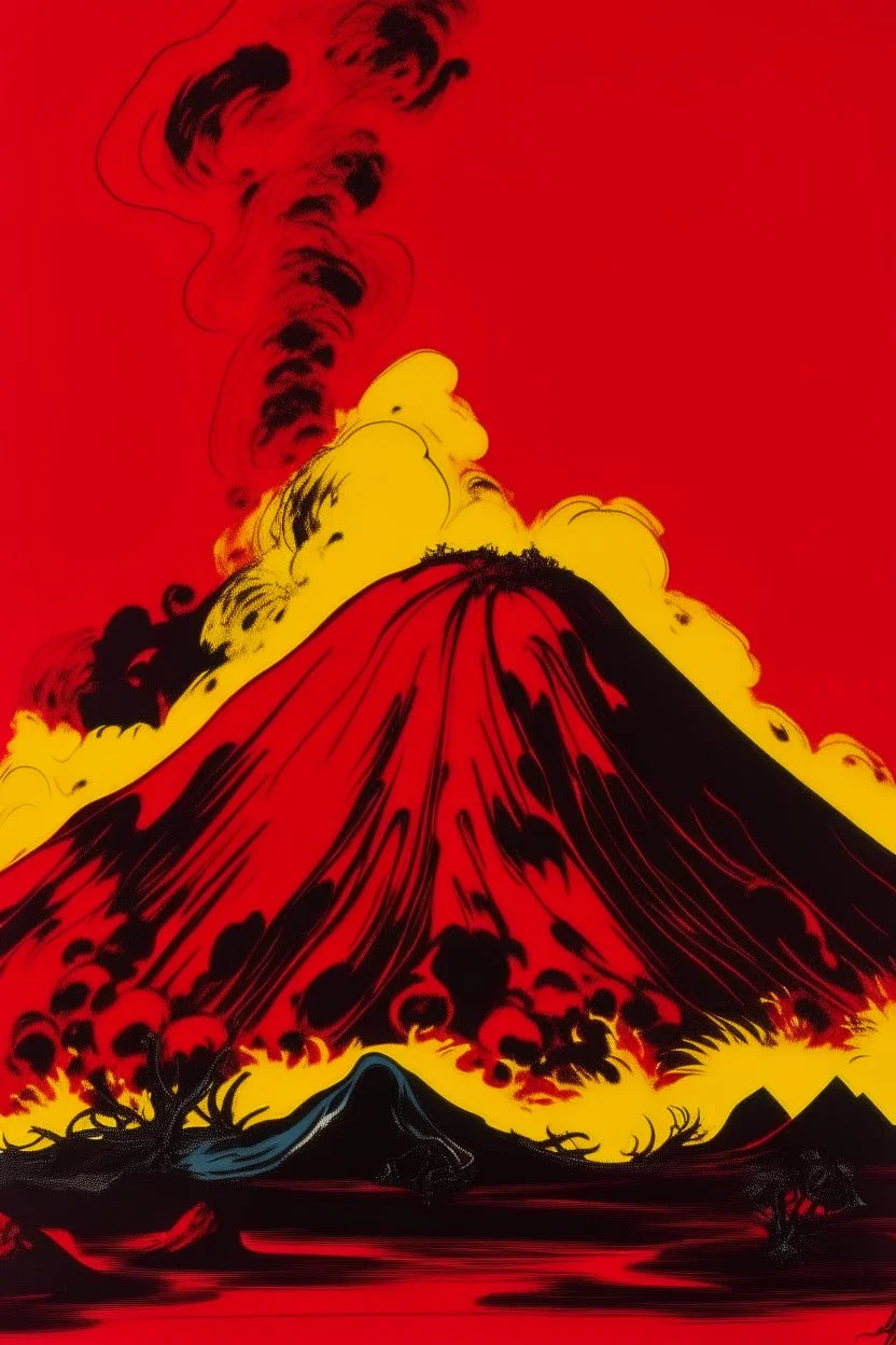 A dark red volcano with chaotic fire painted by Andy Warhol