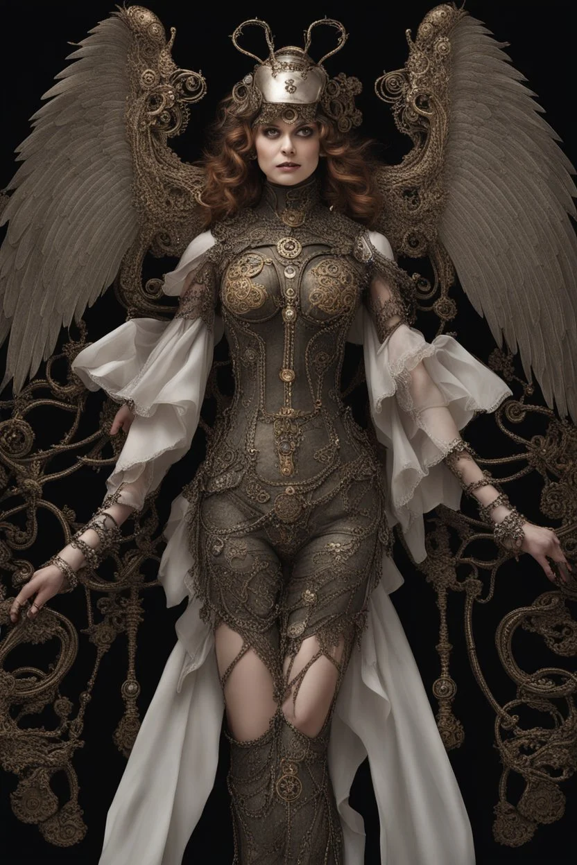 From above, steampunk delicate metal woman, wings, black background