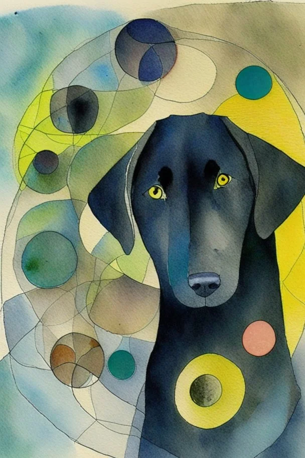 abstract watercolour of a black Labrador dog’s head in the style of paul klee with bifurcated circles