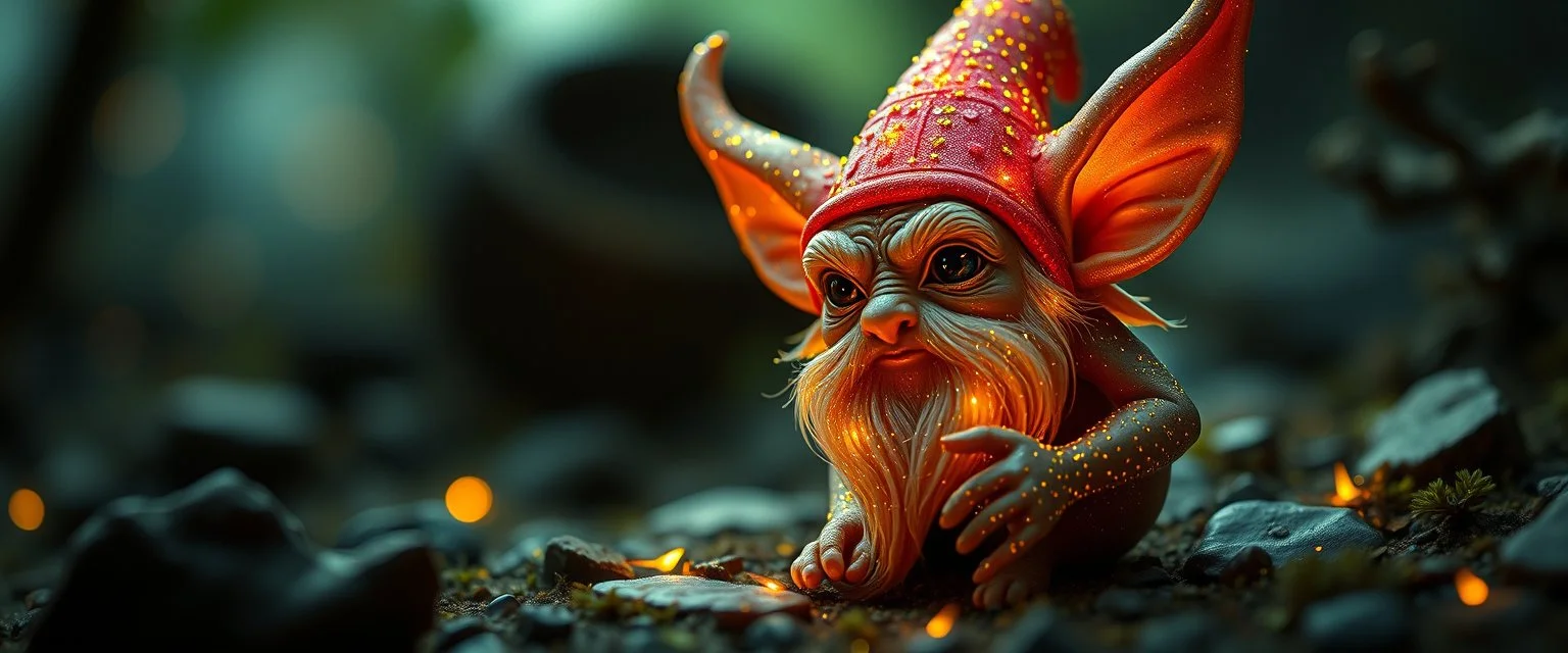 glittering Deep Gnome (Svirfneblin) buttergly gremlin, goa psy ambient in the style of vangelis and fsol, source vibrations, bokeh like f/0.8, tilt-shift lens 8k, high detail, smooth render, down-light, unreal engine, prize winning