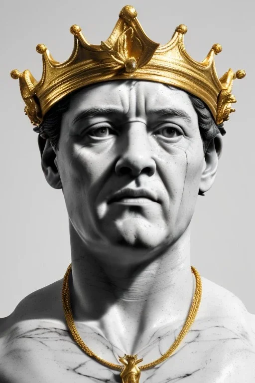 Ultra Realistic image, classic sculpture, white marble material, Maradona, gold crown of natural thorns, god crown, gold veins, gold ornaments, sun rays background, waist up portrait, epic, celestial, cinematic lighting, God lights, 4k resolution, smooth details, soft lighting, unreal engine 5, art station, substance 3d.