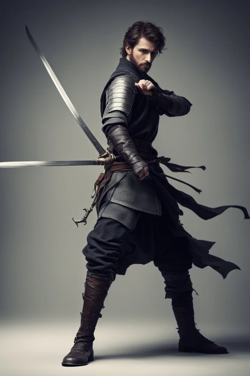 a swordsman with a rapier in right hand and nothing in the left hand. interesting pose