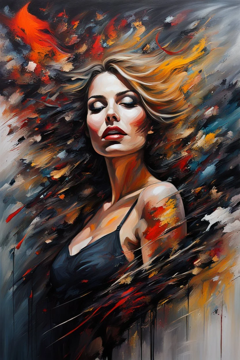 Abstract painting about a beautiful woman and her chaotic life, chaos, stormy, explosive, weird but exceptional art, thick paint strokes, dark colours, realistic