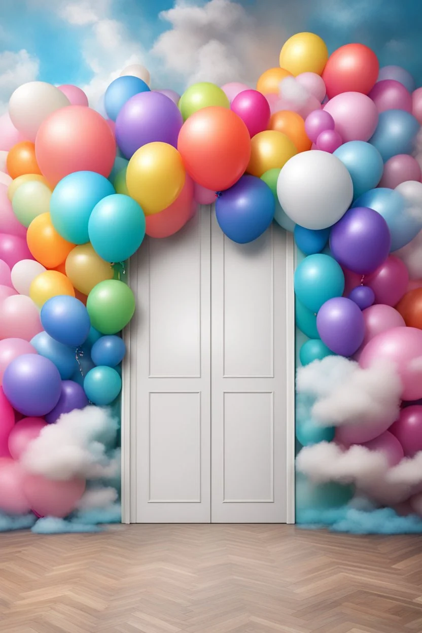 A (((door balloon digital backdrop with clouds rainbow))), where colorful balloons form a ((vibrant clouds wall)) that stands out against a modern, ((digital background)), Renaissance