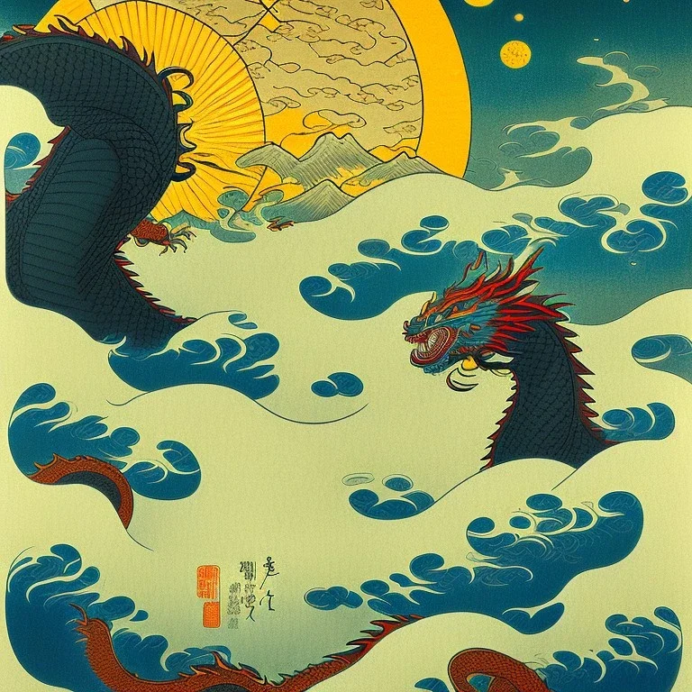 Ukiyo-e art, dragon, mountains and sun in the background