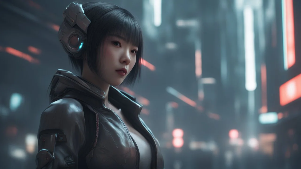 4k, hyper-realistic, Ultra-HD, Ray-tracing, cyberpunk, cybernetics, Asian, Female, short