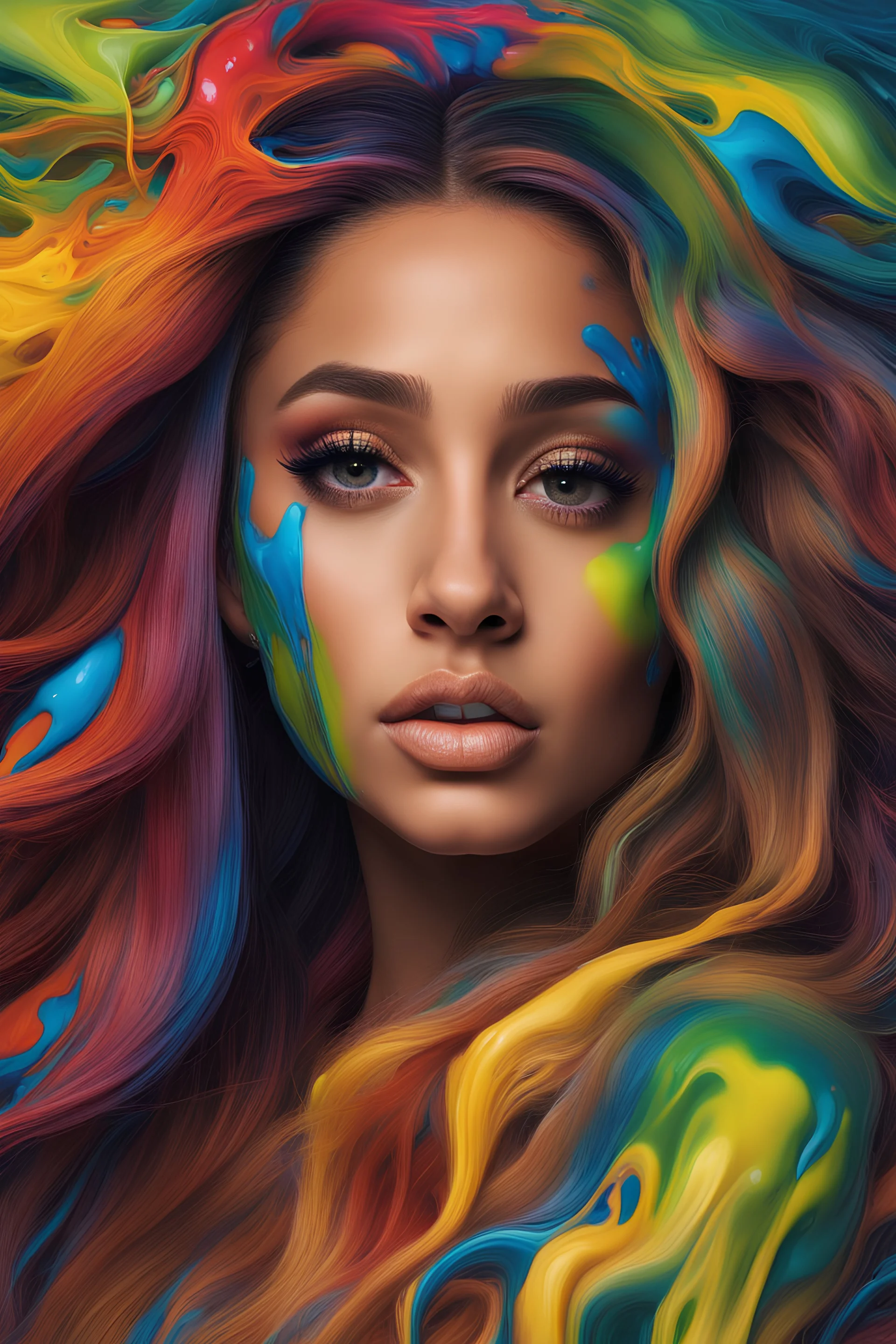 A Liquid Portrait Of AAriana Grande Face Made Of Colours, Muscles And Movement, Charging, Splash Style Of Colourful Paint, Hyperdetailed Intricately Detailed, Fantastical, Intricate Detail, Splash Screen, Complementary Colours, Liquid, Gooey, Slime, Splashy, Fantasy, Concept Art, 8k Resolution, Masterpiece, Melting, Complex Background Dark Art, Digital Art, Intricate, Oil On Canvas, Masterpiece, Expert, Insanely Detailed, 4k Resolution, Fairy Tale Illustration, Dramatic