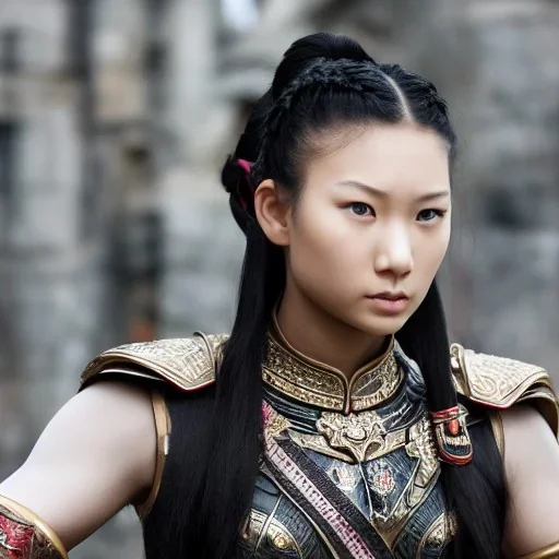 beautiful young asian queen with black armor, delicate black braided hair with ponytail, glass eyes, highly detailed, 8k, ambient light, taylor swift