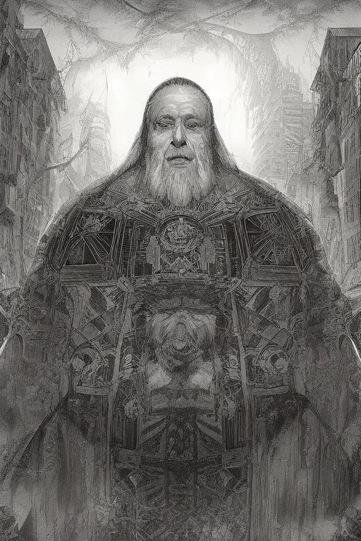 surrealis monochrome A fragmented, surreal sculpture liguid color of photorealistic image 3d,psychedelic art of an old man face glossy emerging from dreamlike a crumbling building. The face appears pale with deep cracks and intricate details, evoking a haunting expression. Blackened tree branches intertwine with the gold mengkilat cracks, set against a backdrop of stormy, cloud-filled skies. bauhaus art The overall tone is dark and moody, suggesting themes of decay and transformation. Include