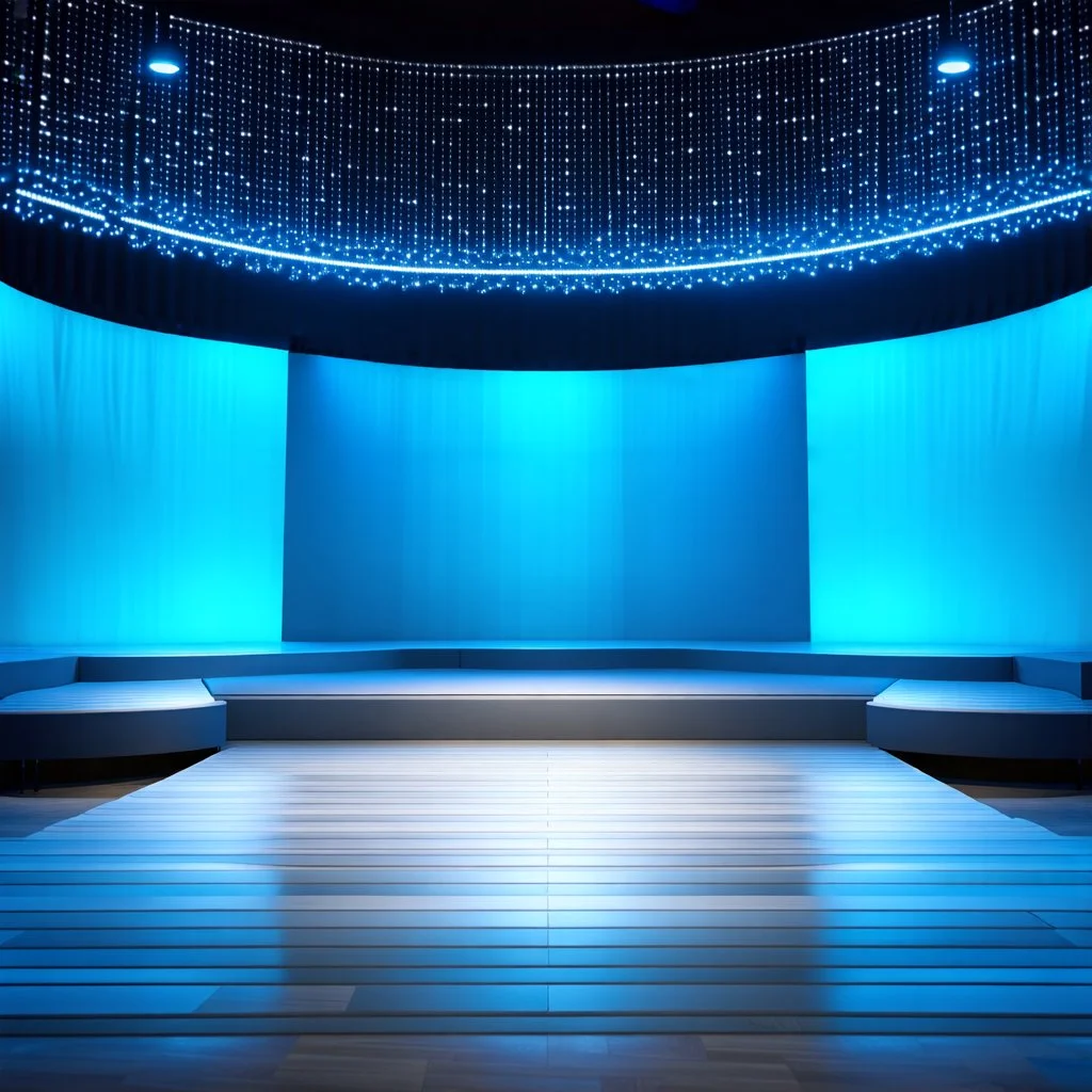 beautiful dance stage with no dancers in luxury modern hall dynamic lights, modern furniture light blue & gray theme