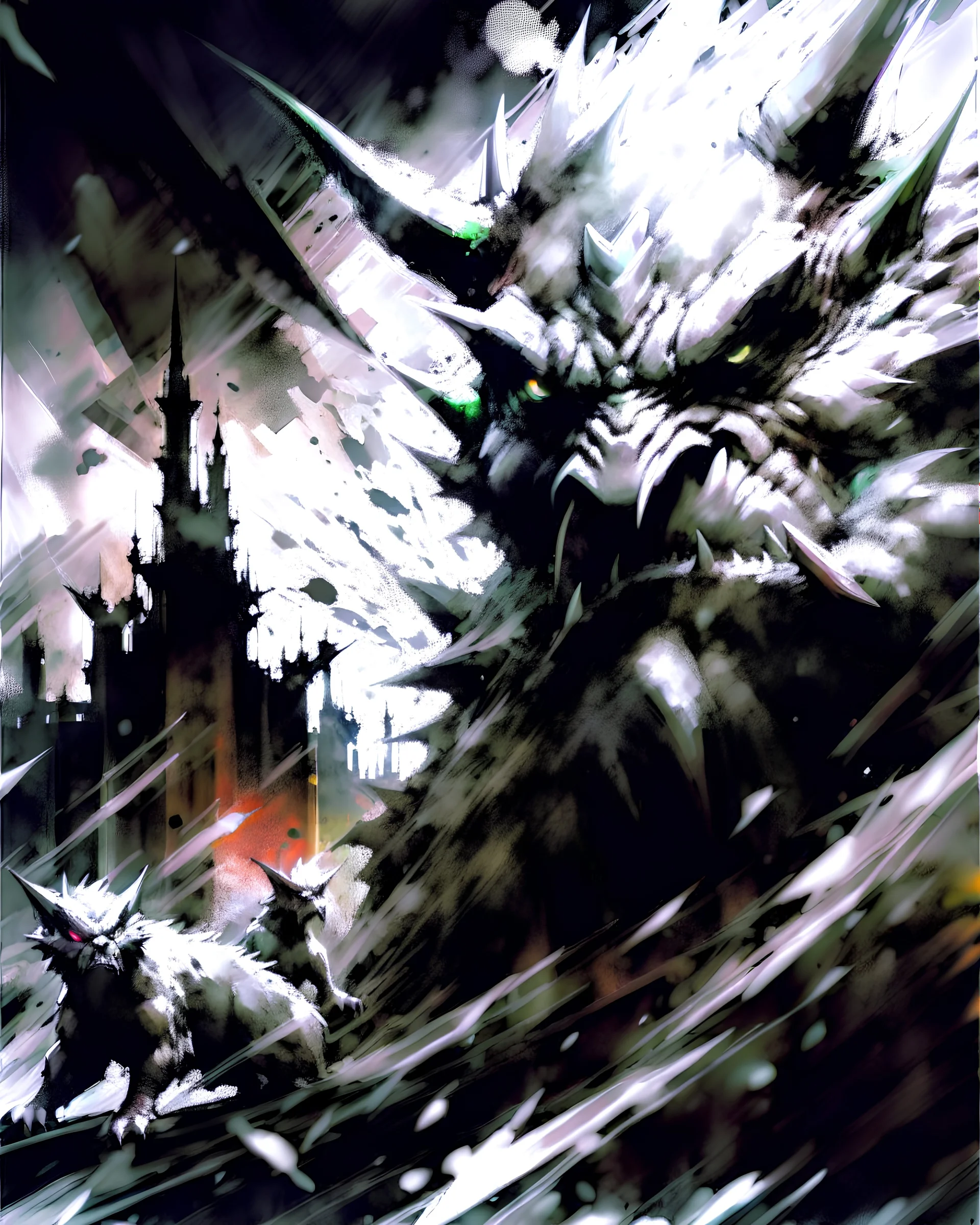 sketch-style painting high quality of a dragon art by Yoji Shinkawa and Valeria Burzo large bats in the background destroyed city budlings babies' in heaven