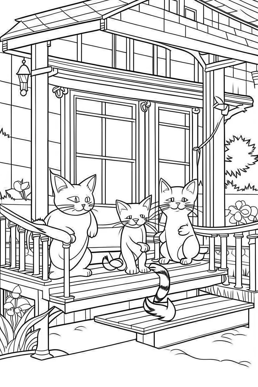 coloring page for kids, Cats on the porch, cartoon style, thick lines, low detail, no shading