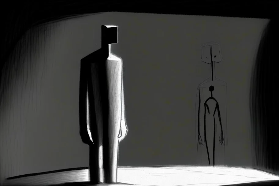 monochrome, cardboard figure on the left of the picture, stocky human figure with a head tilted to the left, almost no neck, no face or hair, schematic drawing, against a dark grey background with a symmetrical pattern, a lighter grey, almost monochrome, in moonlight, crayon drawing in shades of grey and black, ethereal, cinematic postprocessing