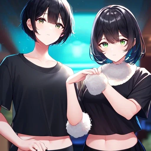 Clear focus, High resolution, fluffy black short hair, dark green eyes, wearing a black t-shirt and pleated black skirt, fluffy hair, detailed outfit