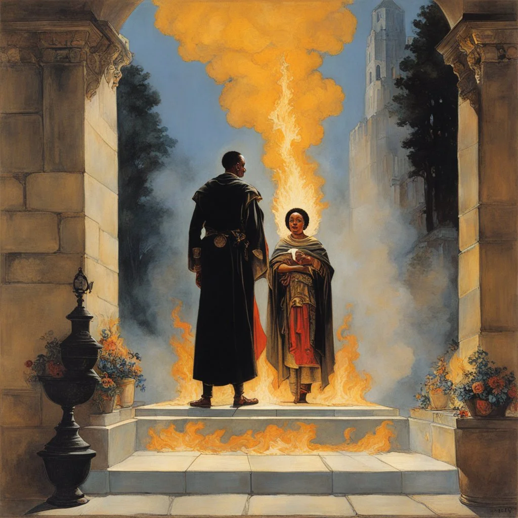 [art by Norman Rockwell] With newfound determination burning in his eyes, Roupinho stepped back, his gaze lingering on the statue of the Black Madonna. Leaving the grotto, Roupinho emerged into the world, his heart aflame with the divine spark that had been ignited within him. And so, the knight set forth on his sacred quest, his destiny intertwined with the miraculous presence of the Black Madonna of Nazaré. The echoes of his pledge reverberated through the hallowed halls of his soul, ignitin