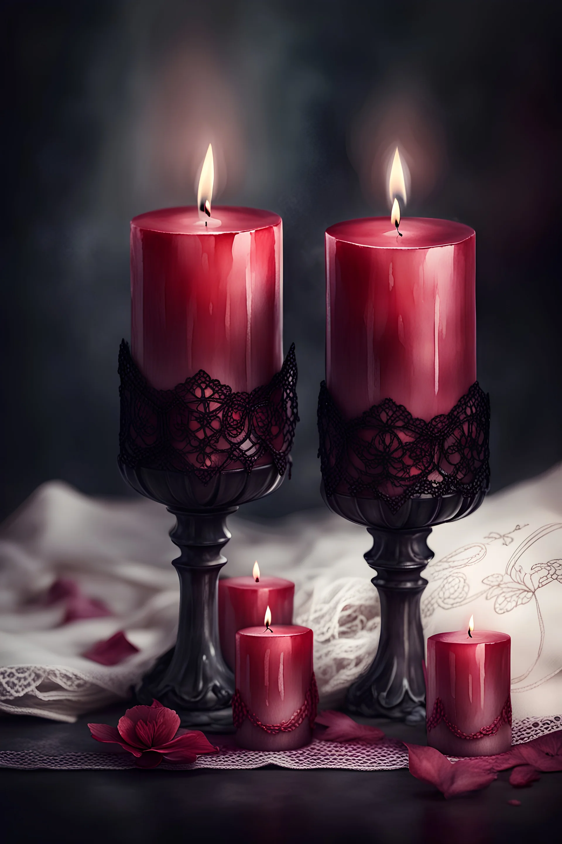 watercolor three burgundy vintage candles with black lace and rubies, Trending on Artstation, {creative commons}, fanart, AIart, {Woolitize}, by Charlie Bowater, Illustration, Color Grading, Filmic, Nikon D750, Brenizer Method, Side-View, Perspective, Depth of Field, Field of View, F/2.8, Lens Flare, Tonal Colors, 8K, Full-HD, ProPhoto RGB, Perfectionism, Rim Lighting, Natural Lighting, Soft Lighting, Accent Ligh