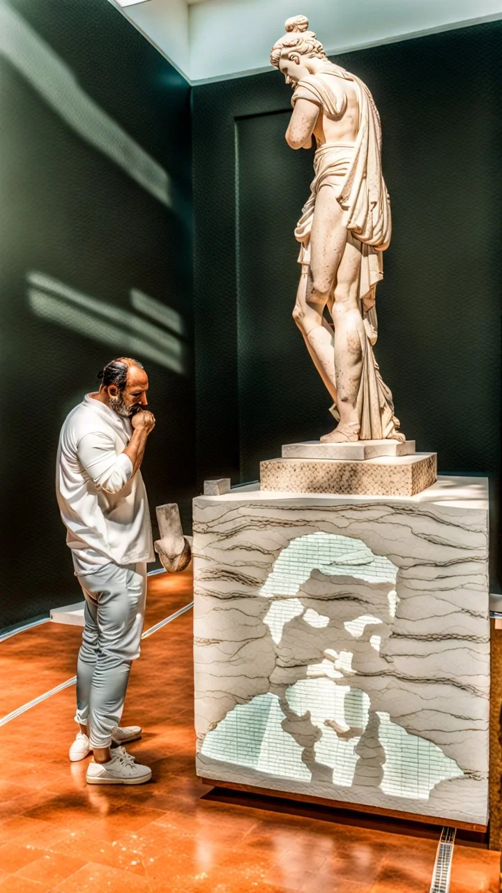 Greek sculpture in Portuguese natural stone, marble, Shot on Canon EOS R5, 50mm lens, depth of field, shutter speed 1/ 1000, f/ 2. 8, white balance, 6000k. High resolution, realistic details, HDR efects, film grain, 8K. -–ar 2:3