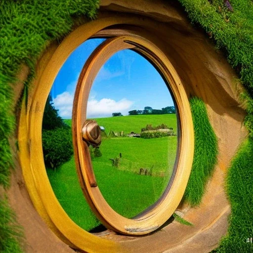 round window looking out onto lush scene of hobbiton, trees, bushes, overgrown, lush