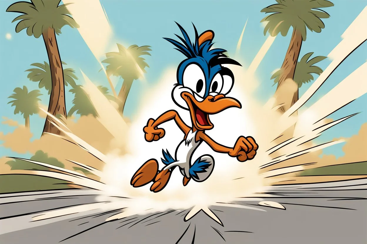 road runner running towards the right side, leaving behind a cloud of dust. style of looney toons cartoon