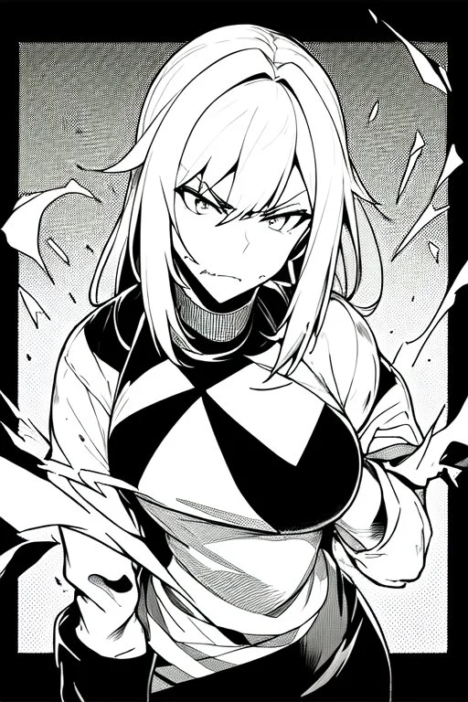 angry blonde girl, angry pose, greyscale