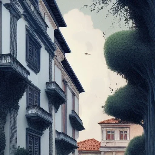 Vignola classicism palladio architecture +detailed facades+human scalades+beautiful,street trees+uphill road+biopunk+by Gediminas Pranckevičius, Jean Baptiste Monge,strong lines, high contrast vibrant colors, highly detailed, 16k resolution, trending on behance