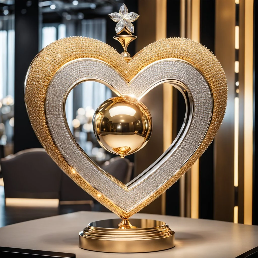 A magnificent golden and silver heart-shaped sign adorned with a stunning golden sphere encrusted with sparkling diamond clusters at its center, elegantly spinning in position.