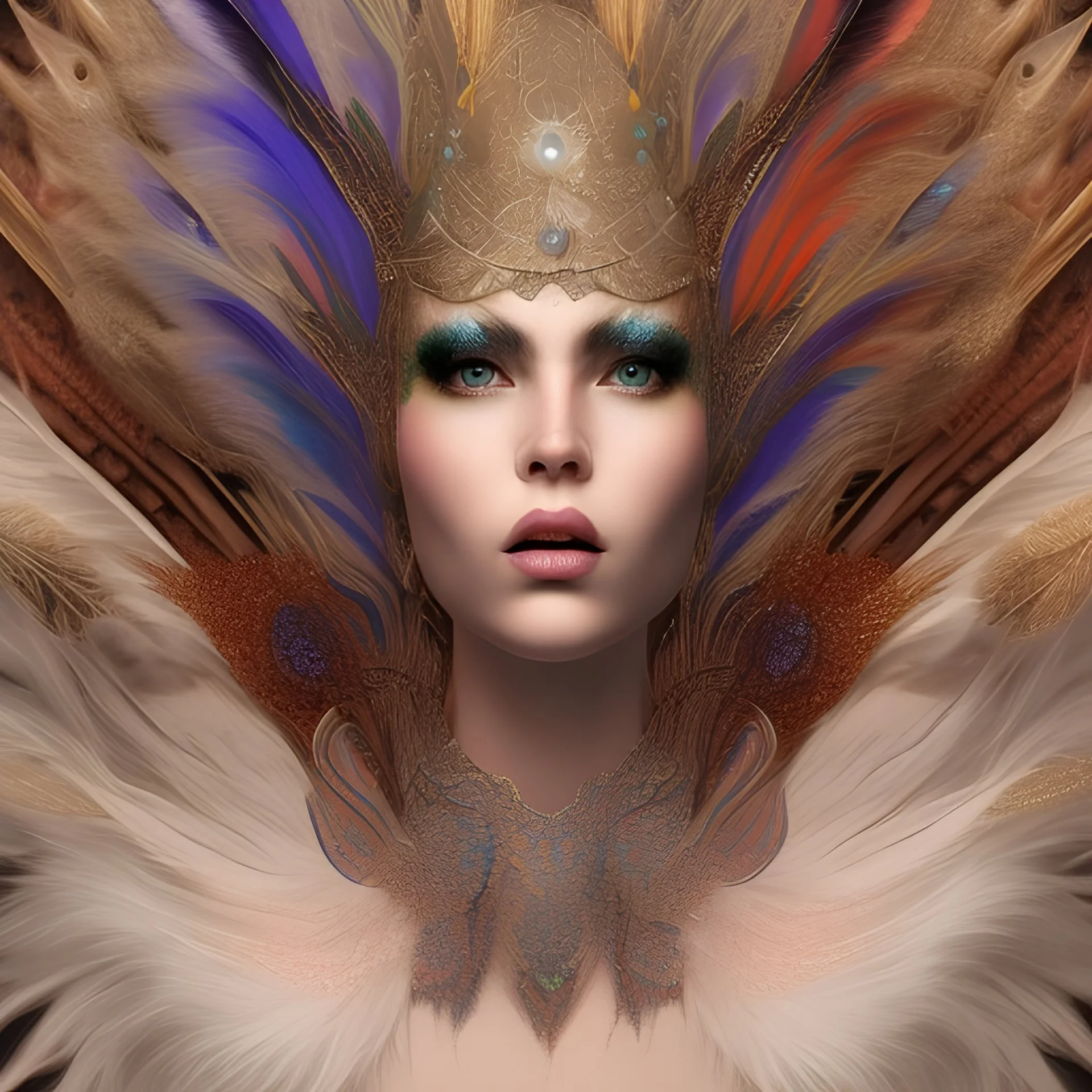 Mystery peacock feather mask, dramatique, art background, dramatic lighting, volumetric lighting, hyperrealisme, 8k, high quality, lot of details, fit within portrait