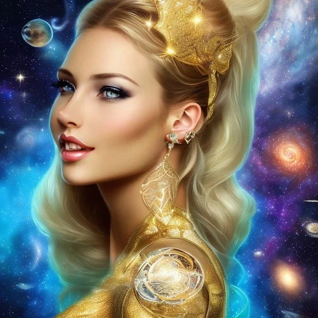 donna bellissima con corpo intero sexy,donna venusiana viso bello con occhi chiari con trucco glitter, capelli biondi,con abito oro,blu e bianco tra le stelle nel cosmo e le astronavi