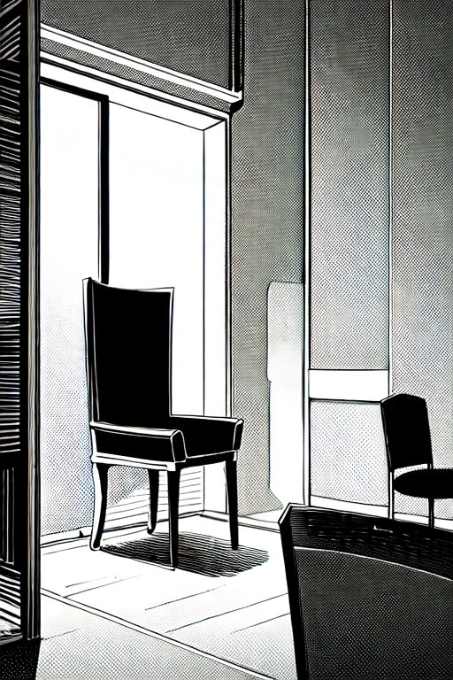 chair in the middle of an empty room, grayscale