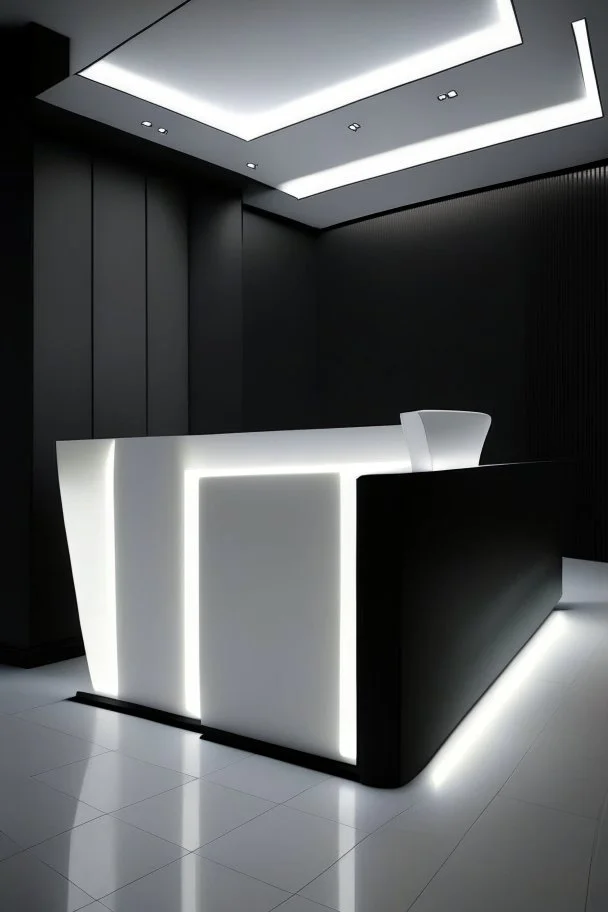 Reception desk with black walls, white floor, and hidden or rich lighting