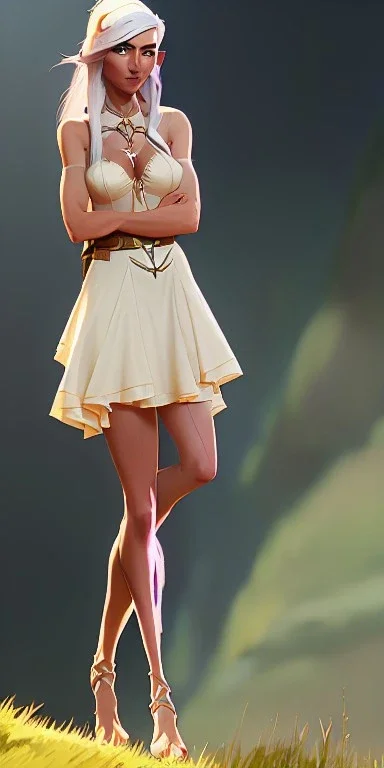 A long shot, Cute elven female adventurer with blonde hairs ears out dressed in a light sundress and with bare feet on the floor, posing frontally, in style of Cedric Peyravernay Art, microdetails, ultradetailed --ar 2:3 --beta --upbeta