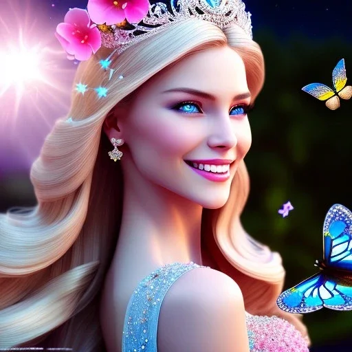 Princess, woman blondie, smile, beautiful place,amazing, flowers, colors, blue and pink butterfly, , realistic, photo real, stars night, detailed, high contrast, 8k high definition, unreal engine 5, extremely sharp detail, light effect, light background