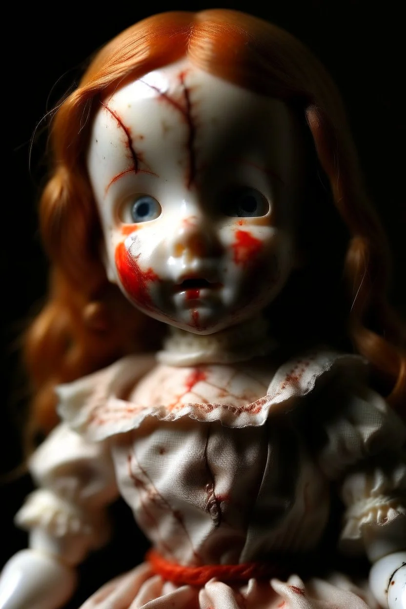 A hauntingly beautiful porcelain doll with small storms for eyes. Her skin is pale and cracked like porcelain. Her hair is red like wine with fire coming out. Her lips are sewn together except for one corner that is ripped and bleeding.