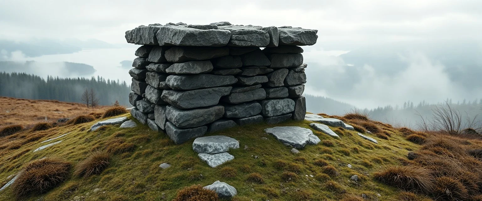 An ancient Norse horg in the Scandinavian wilderness: a low, rough stone altar made of irregular granite rocks, stacked without mortar. The stones are weathered, some darkened by soot from old fires. The horg stands on a small hill overlooking fjords and pine forests, surrounded by moss, heather, and wind-bent grass. Early morning mist drifts through the scene, cold northern light, overcast sky. No buildings, no people, only raw nature. Sacred, quiet, and timeless atmosphere. Cinematic realism,