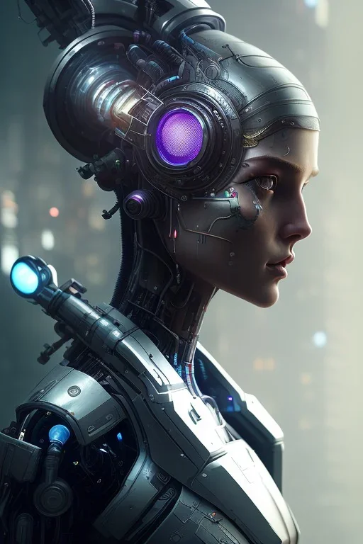 portrait,beautiful robot, post-apocalyptic in a cyberpunk city, realistic, intriacte detail, sci-fi fantasy style, volumetric lighting, particales,highly detailed,cinamatic, deep colours,8k