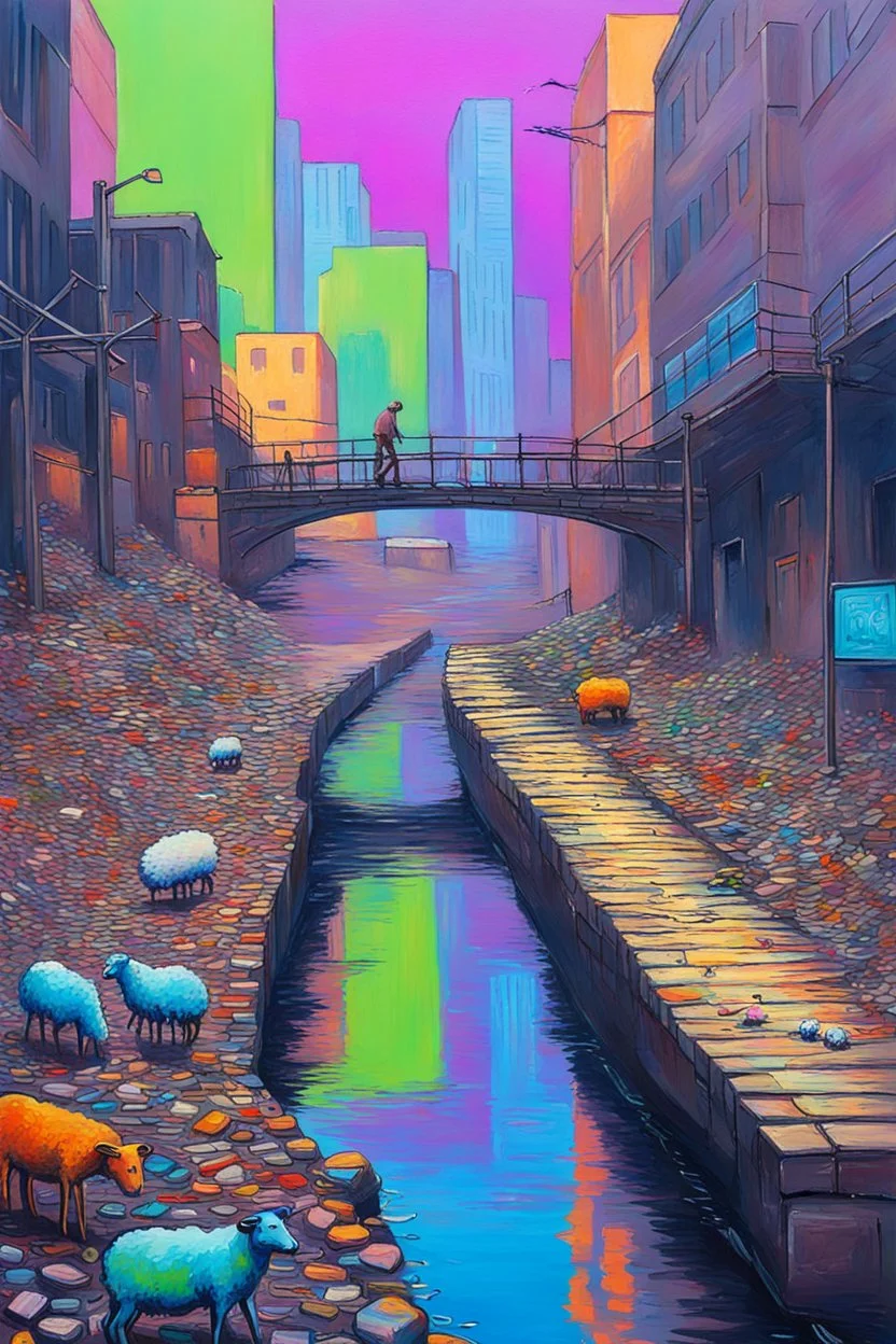 painting of a cyberpunk colourful natural walkway rubbish on the street in the city with pollution and a small bridge by a creek with electric sheep and androids by monet