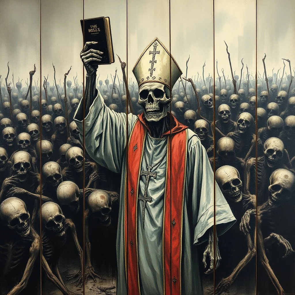 zombie priest raising an arm holding a bible in front of a rotting army of the dead, image broken up into individual panels which are separated and slightly offset, nihilism, modern stylish oil painting, by Ted McKeever style, by Zdzislaw Beksinski, ink wash mind-bending illustration, dark shine, by VS Gaitonde