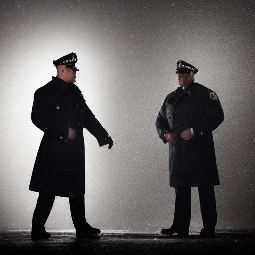 large muscular police officer, speaking, to a muscular man wearing a trench coat, downtown snowy new york at night, dramatic, dramatic lighting, volumetric lighting, hyperrealism, 8k, high quality, photorealistic, lot of details