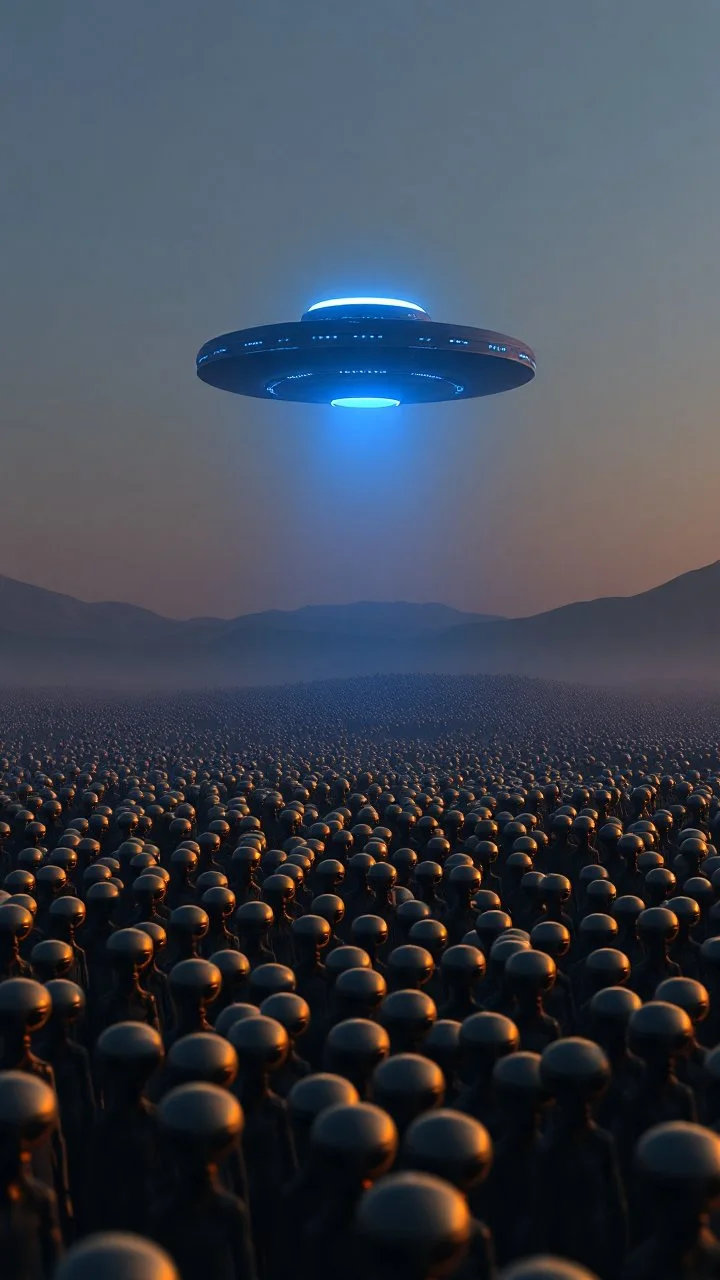 A field of thousands random aliens at the end of the picture a blue dark ufo object , cinematic, 8k