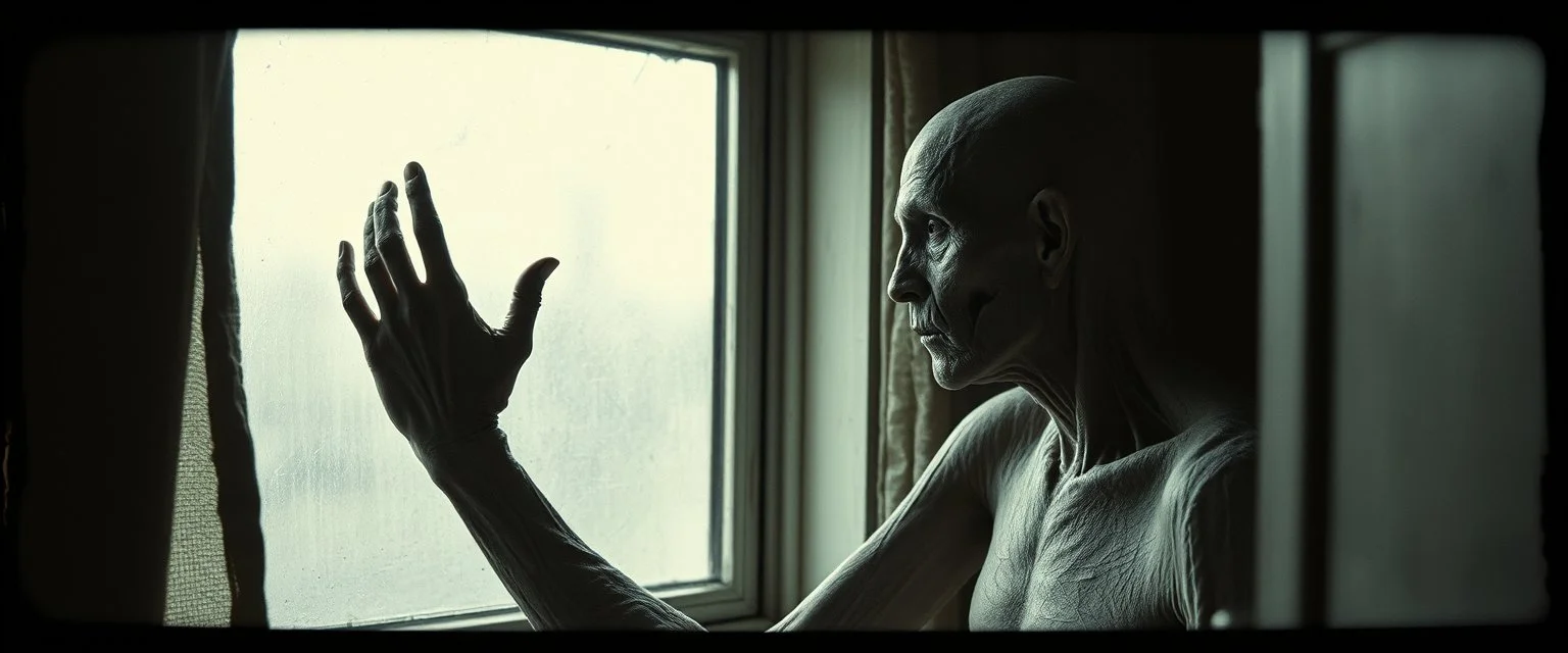 Style: gritty pin hole cam, mixed with Zdzisław Beksiński surrealism and Caravaggio chiaroscuro, tactile analog imperfections, muted tones, deep natural shadows, eerie realism, pinhole-camera softness, heavy vignetting, rugged irregular photographic border. Scene: a pale sickly vampire quietly cleaning a window in an old apartment, completely calm and domestic. Extremely detailed rough skin, dry porous texture, wrinkles, tiny flakes, visible veins, uneven natural imperfections