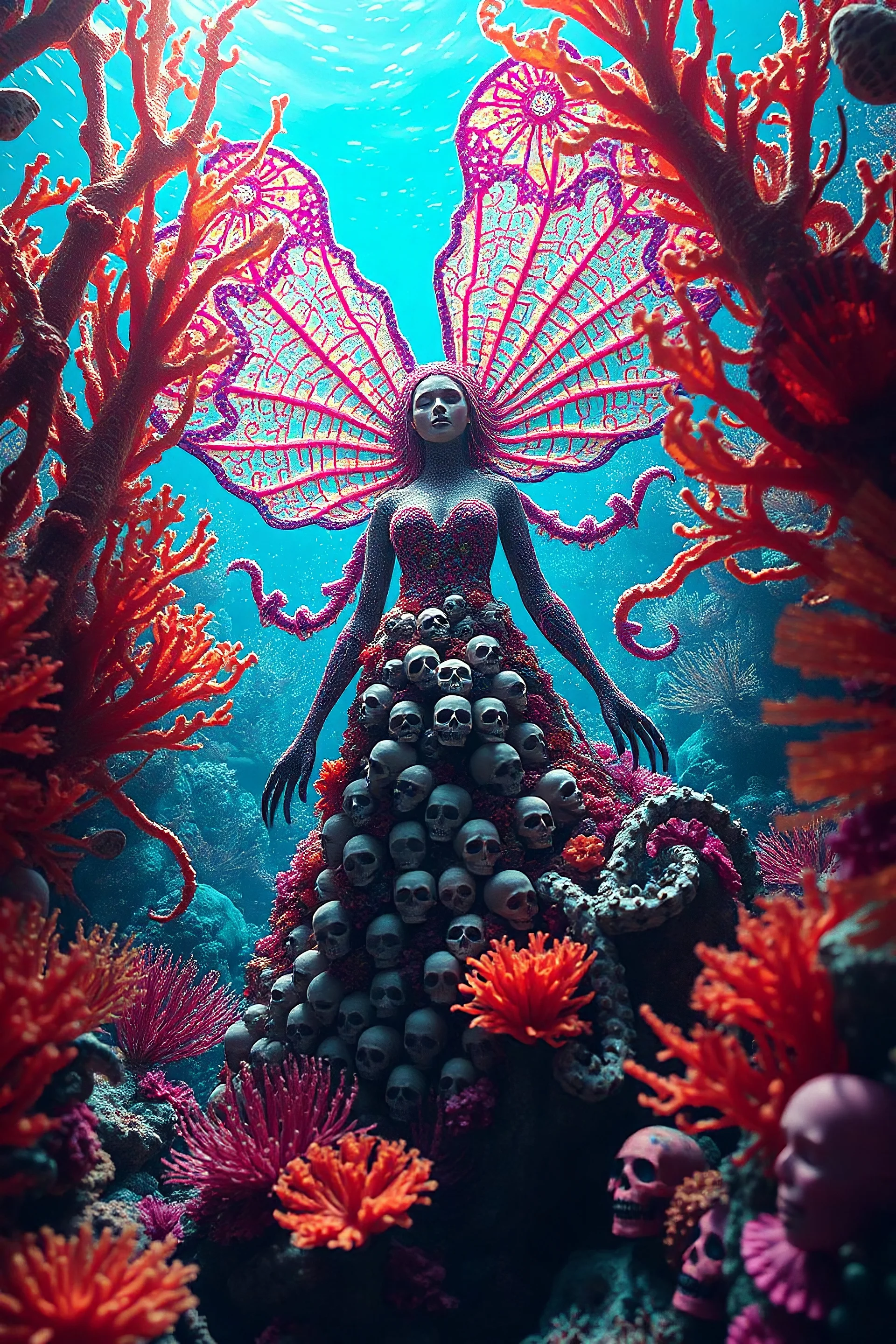 Close up The enchanting towering deep seabed is filled with colorful and bright patterns inspired by the beauty of the seabed. In the center, a stunning organism harmoniously combines the characteristics of a girl Ghotic open body with a fantail. the cavity of the steammpunk dress is visible a thousand Skulls and octopus. creating a focal point that dazzles the ocean created sea coral. The ocean is illuminated with warm and ethereal light, enhancing the mystical and wondrous atmosphere