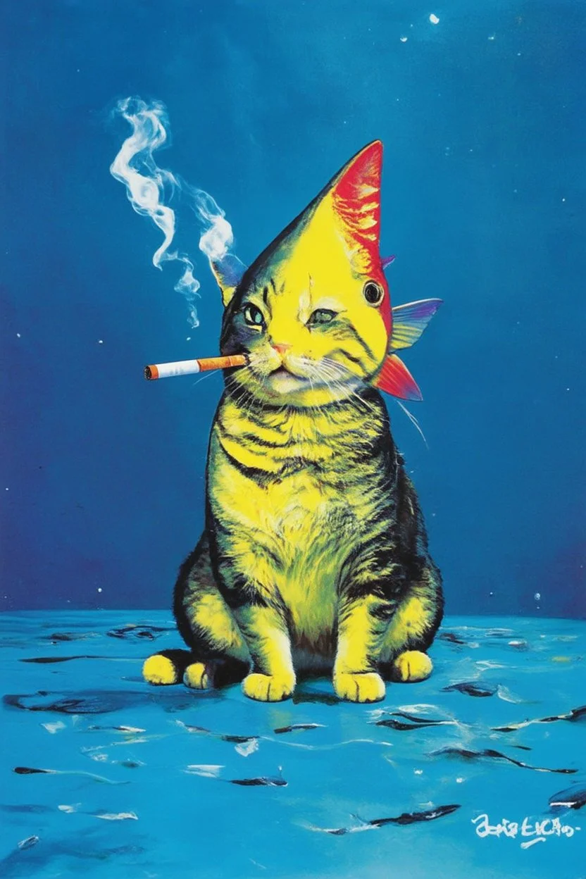 cat fish with shark head smoking a ciggarrette in the style of warhol