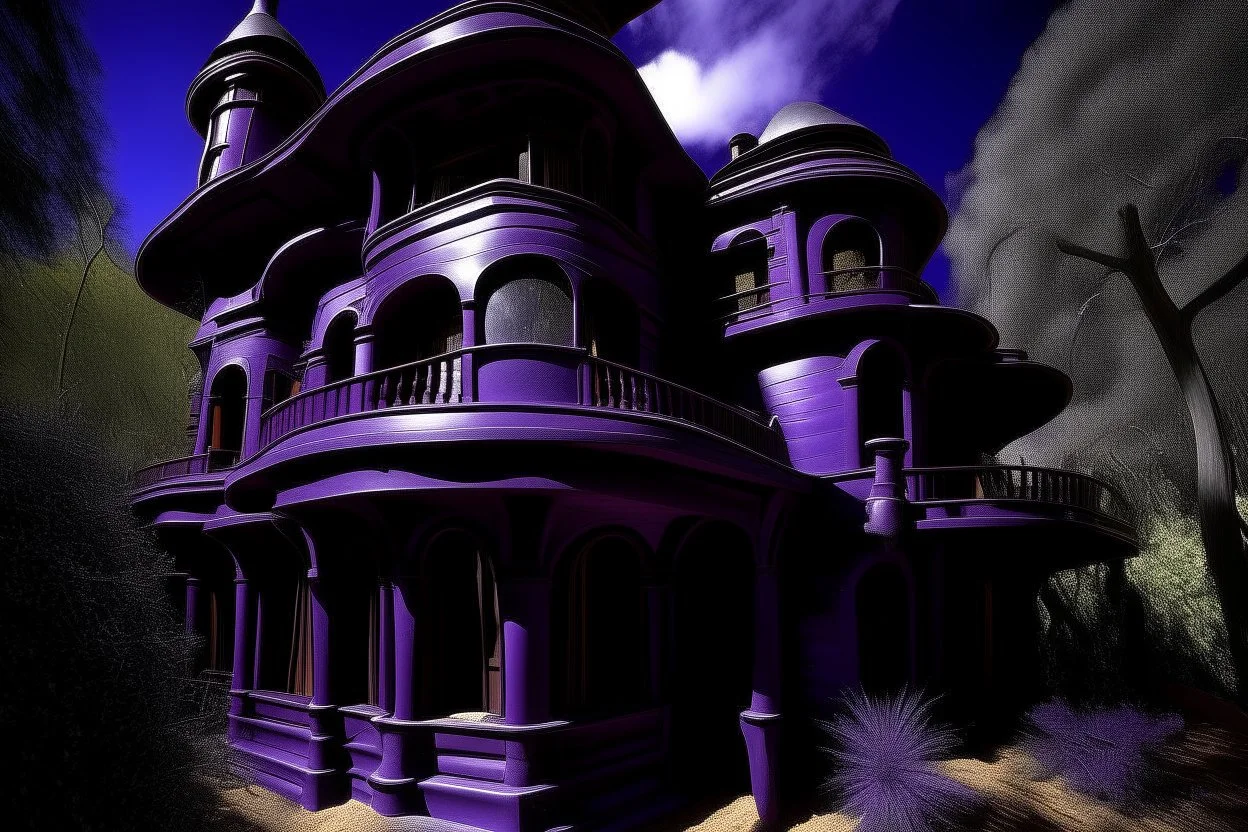 A dark purple haunted mansion with warped rooms painted by Frank Lloyd Wright