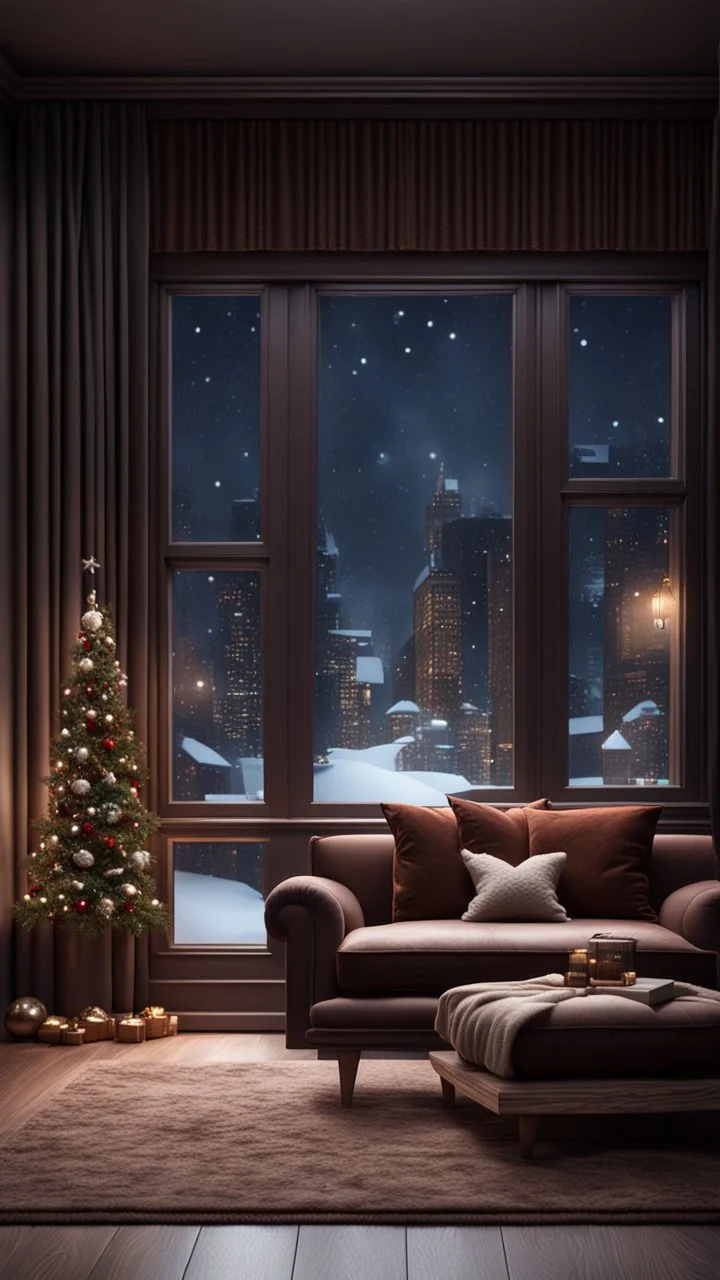 Hyper Realistic Dark Brown Living Room With Small Empty Wooden Frame & Fancy Velvet Furniture & Christmas Decoration at snowfall night from window view